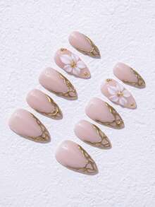 手工杏仁形Y2K反派风格按压式美甲，包含裸色、绿色和白色指甲板，搭配奶油色指甲尖、扎染、花卉装饰、水滴和蝴蝶结图案。专为女士和女孩设计，10件/套，3种尺寸可选，适合派对、庆典和日常佩戴。包含美甲工具，是送给女士和女孩的理想礼物。美甲用品 美甲