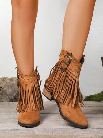 2025 Nya Höst/Vinter Europeiska & Amerikanska Retro Punk Nitstövlar Med Tofsdekoration Västerländsk Stil Ankelstövlar, Mode Mångsidiga Utomhusgatustil Spännedekor Personliga Svarta Stövlar