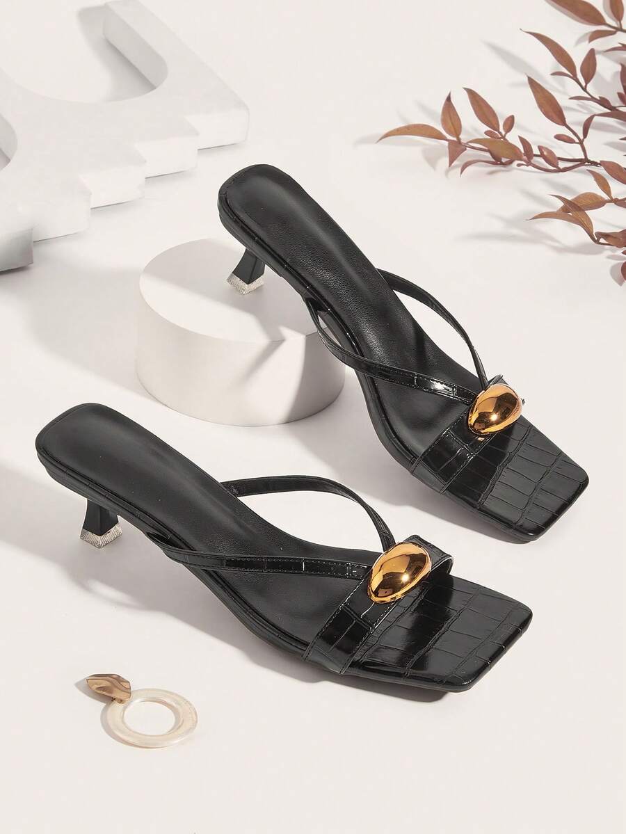 女士时尚优雅金属装饰露趾高跟方头人字拖凉鞋休闲穆勒拖鞋户外拖鞋（随机剪裁）