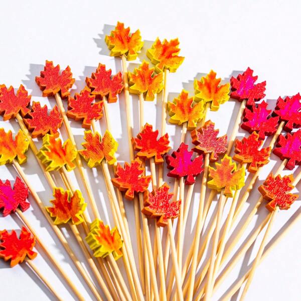 100 pièces Piques à cocktail d'automne de 11,9 cm, cure-dents fantaisie en feuilles d'érable, cure-dents en bambou pour amuse-gueule, brochettes à fruits pour sandwichs et boissons, décoration de fête d'automne et de jour de Thanksgiving