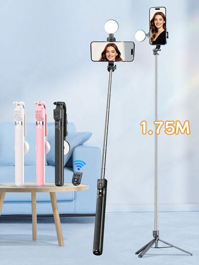 自拍杆 1.75M 无线蓝牙自拍杆三脚架，配备 LED 三色多档可调补光灯，7 键多功能遥控器，无线遥控器 360° 旋转手机支架，派对照片和生日礼物的好帮手，兼容 Android 手机，适用于暑假、旅行、补光、户外活动、直播 Vlogging 设备