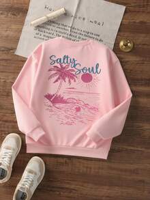 1 件女童休闲印花圆领运动衫，学生长袖上衣，秋冬 - 粉色 - 查看 3