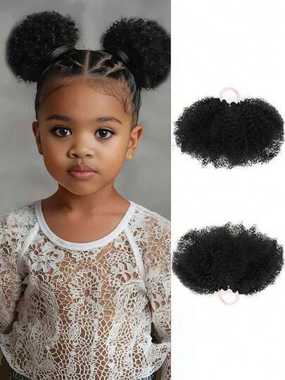 2PCS Girl Ponytail Double Afro Puffs Kinky Curly Hair Bun For Little Girls Natural Black Synthetic Hair Ties Hair Accessories