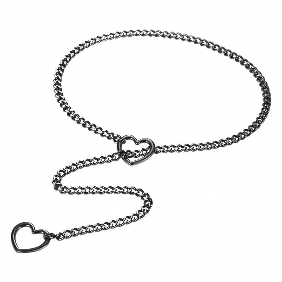 Womens Heart O Ring Slip Cuban Chain Choker Necklace Stainless Steel Lariat Y Collar Punk Jewelry - 槍黑色 - 查看 1