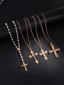 4er Set Halskette mit Kreuz-Anhänger in Strass, Punk Splice Pullover Kette, stilvoller Straßen-Schmuck für Damen und Herren, Frühling/Sommer 2025 Accessoire Geschenk