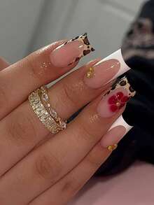 提升您的风格，24 件长方形指甲花朵图案豹纹白色法式指甲尖按压指甲中等贴合完美亚克力假指甲套装，包含：1 件果冻胶和 1 件指甲锉，秋季指甲，适合女士和女孩日常生活和派对使用指甲用品指甲 - 彩色 - 查看 2