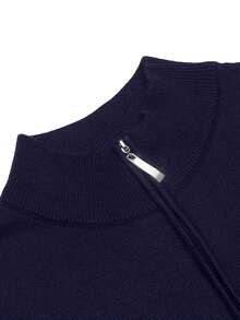 Men's Casual Solid Color Zip-Up Stand Collar Sweater , Fall Winter - Navy Blue - View 4