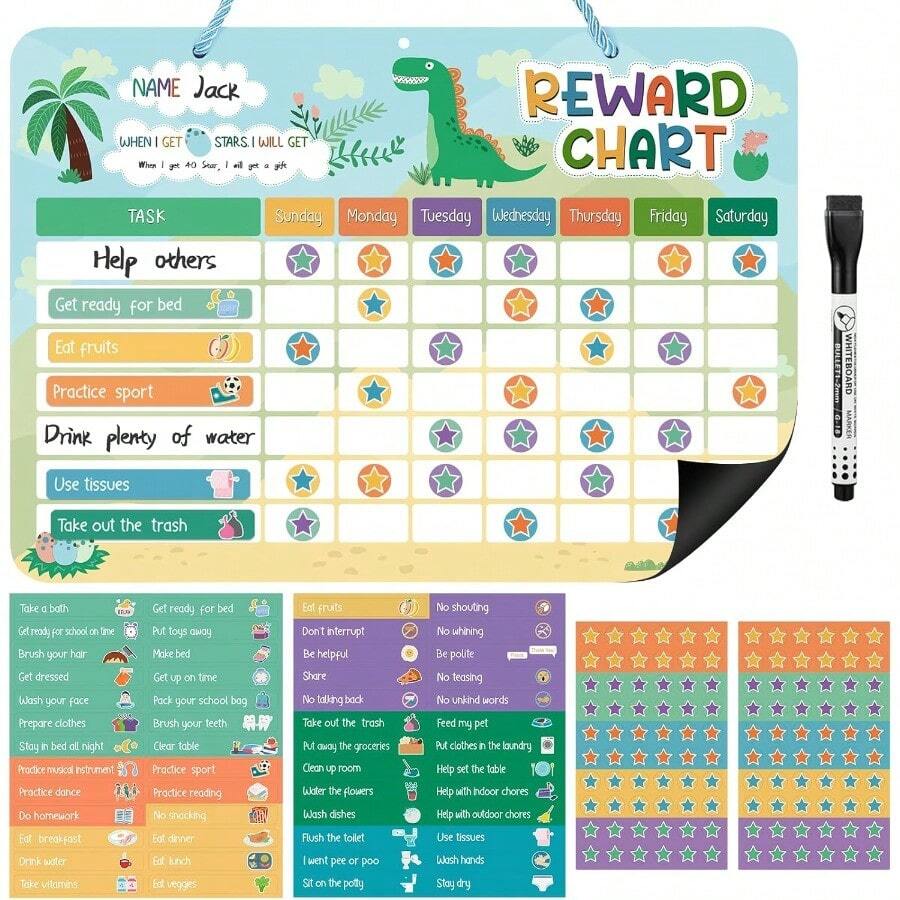SHUS0146-Reward Chart For Dinosaur Magnetic Behavior Chart For At Home With 26 Chore Charts 120 Magnetic Star Stickers Dry Erase Responsibility Chart For Toddlers Potty Training - Dinosaur - 查看 1
