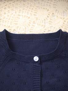 Infant Girl Solid Color Soft Lightweight Hollow Pattern Button Long Sleeve Knitted Cardigan Jacket, Suitable For Outing Matching - Royal Blue - View 2