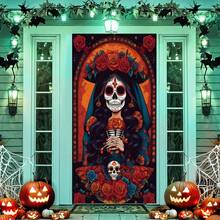1 件骷髅万圣节门饰 - 涤纶材质，骷髅头和蜡烛，营造诡异氛围，35.4 英寸 * 70.8 英寸，适用于卧室、客厅、浴室、厨房门、窗户装饰。适用于家居、办公室、浴室派对、万圣节装饰、节日派对装饰，耐用派对装饰 - 彩色 - 查看 7