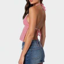 Women's Plaid Halter Camisole Open Back Lacing Terry Trim Sleeveless Sweetheart Neck Slim Fit Crop Tank Tops - 紅色 - 查看 4