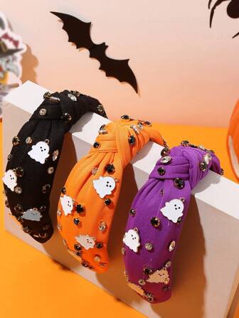 1pc Ghost Party Crystal (Glass) Halloween Knotted Headband, European & American Holiday Ghostly Party Headpiece, Shiny High Crown Crystal Non-Slip Hair Accessory, Suitable For Winter, Hair Band, Diadema, Hair Hoop