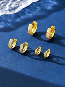 1件装奢华高光泽半圆形水钻圆环耳环，S925纯银女士耳环，优雅珠宝礼品，日常佩戴，返校季必备