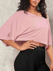 1 pieza Blusa corta de mujer talla grande de un hombro, unicolor, casual y deportiva, versátil