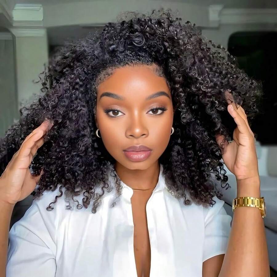 bling hair Half Wig Upgrade, 3-In-1 Half Wig With Drawstring, Seamless Clip-Ins, Flip-Over Wigs Without Glue, Human Hair Kinky Curly Human Hair No Glue No Lace Wig For Women, 180% Density - 自然色&黑色系 - 查看 1