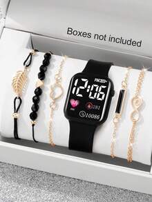 6 件女士时尚方形 LED 数字硅胶表带手表手链套装，适合教师节、感恩节、情人节、学生、毕业典礼、生日、最佳礼物（不含盒子） - 彩色 - 查看 14