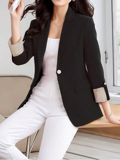 HOMEYEE 女式翻领 3/4 袖撞色条纹衬衫，复古优雅休闲度假商务办公室 OL 上衣，适合春夏秋季