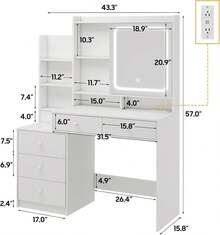 Tocador Vanity con Espejo Luz LED Mueble para Maquillaje Vintage con Heces Estación de Carga Escritorio con 5 Cajones y Estantes De Almacenaje para Recamara 110x40x145CM. Incluye el Taburete y Enchufe. - Rosa-Derecha - Ver 2