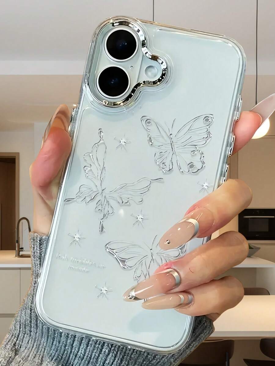1 件银线蝴蝶奢华透明金属框架防震 TPU 手机壳适用于 16 15 14 13 12 11 Pro Max 防水防摔防刮