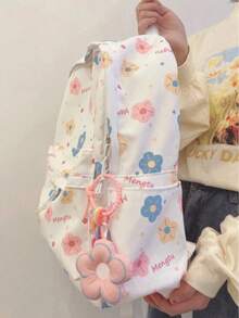 Ransel Wanita Motif Kartun Lucu dengan Blok Warna, Tas Sekolah Kasual, Tas Travel, Kapasitas Besar, dan Liontin Bunga (Posisi Cetakan Acak) - Berwarna merah muda - View 2
