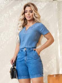 Women's Short Sleeve Stylish Jeans  Lyocell V-Neck Blouse - 深藍色 - 查看 6