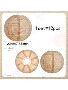 6 件/12 件粗麻布纸灯笼 - 质朴的波西米亚风格悬挂装饰，适用于婚礼、派对和户外活动 - 农舍风格，天然黄麻纹理，无需电力，易于安装，灯笼装饰性户外纸巾绒球 - 棕色 - 查看 8
