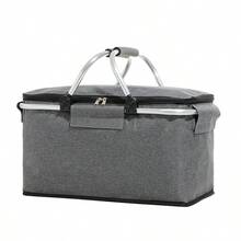 Cesta de picnic de 1 pieza, cesta de fruta para picnic al aire libre, cesta de aislamiento de aluminio portátil engrosada de gran capacidad con marco de aluminio, cesta de aislamiento multifuncional para picnic al aire libre, fiesta, viaje, cesta de aislamiento sin contacto con alimentos - Gris - Ver 4