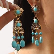 Mydear 1 对复古几何绿松石流苏吊坠长耳环，适合女性日常佩戴 - 流蘇 - 查看 1