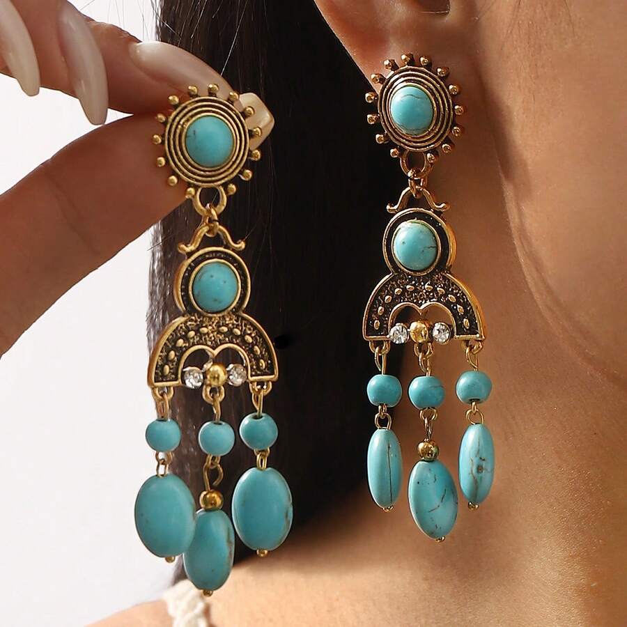 Mydear 1 对复古几何绿松石流苏吊坠长耳环，适合女性日常佩戴 - 流蘇 - 查看 1