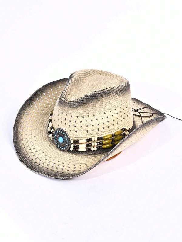 1pc Women's Zirconia Chain Decor Gradient Hollow Out Straw Sun Hat, Panama Woven Hat, Fashionable Unisex Sunshade Hat Suitable For Casual Wear, Beach, Vacation, Outdoor, Spring/Summer