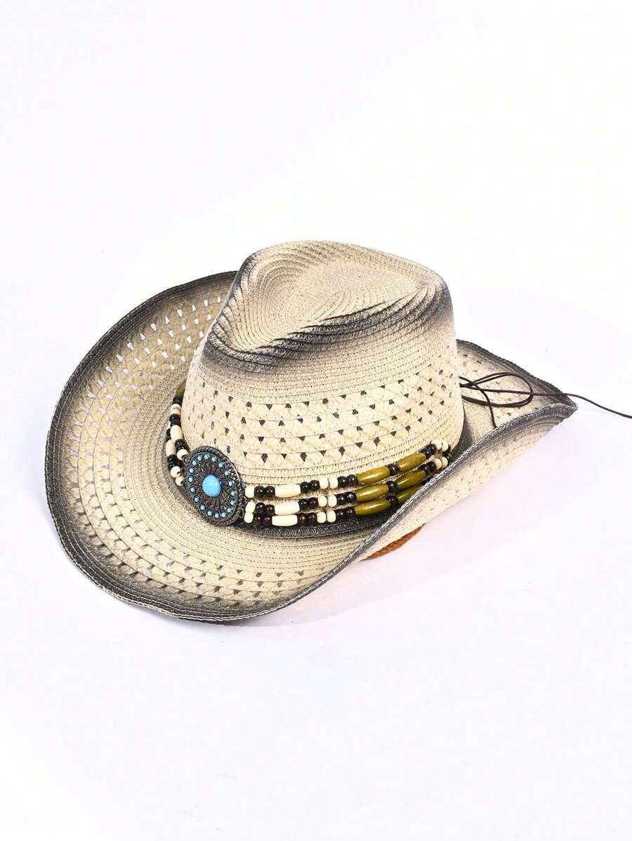 1 pieza Sombrero de paja para mujer con adorno de cadena de circonia, efecto degradado y hueco, Sombrero tipo Panamá tejido, Sombrero unisex para la playa, vacaciones y uso casual, adecuado para primavera/verano