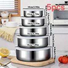 Juego de 5 cajas de almacenamiento para verduras y frutas, utensilios de cocina, con tapa, caja de conservación de alimentos frescos de acero inoxidable con tapa, juego de cinco piezas, refrigerador de cocina, almacenamiento de alimentos frescos, redondo