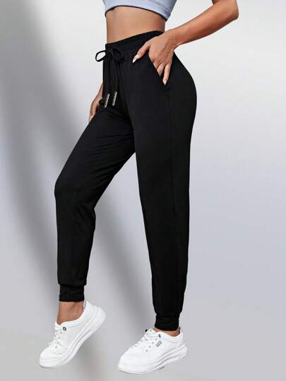 1pc Drawstring Waist Women Sports Casual Pants, Elastic Solid Color Outdoor Sporty Jogger Pants