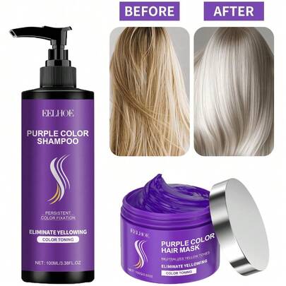 EELHOE Set de 100ml de Champú Morado y 100g de Mascarilla Capilar, Adecuado para Cabello Rubio y Gris, Elimina la Tonalidad Amarillenta y Fija el Color, Enriquecido con Aceite de Coco, Repara y Hidrata, Champú Limpiador y Nutritivo