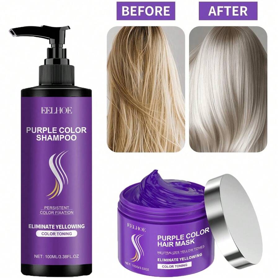 100ml Purple Shampoo And 100g Hair Mask Set For Blonde And Gray, Remove Yellow And Lock Color, Infused With Cocos Nucifera Oil, Repairs, Hydrates,Yellowing Cleansing Nourishing Shampoo