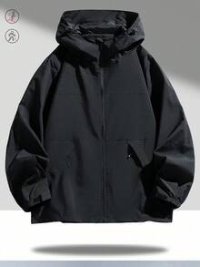 男士长袖休闲连帽夹克，宽松百搭风衣，春秋季拉链设计实用夹克，适合日常穿着、聚会、徒步旅行、远足及各种场合。 - 黑色 - 查看 1