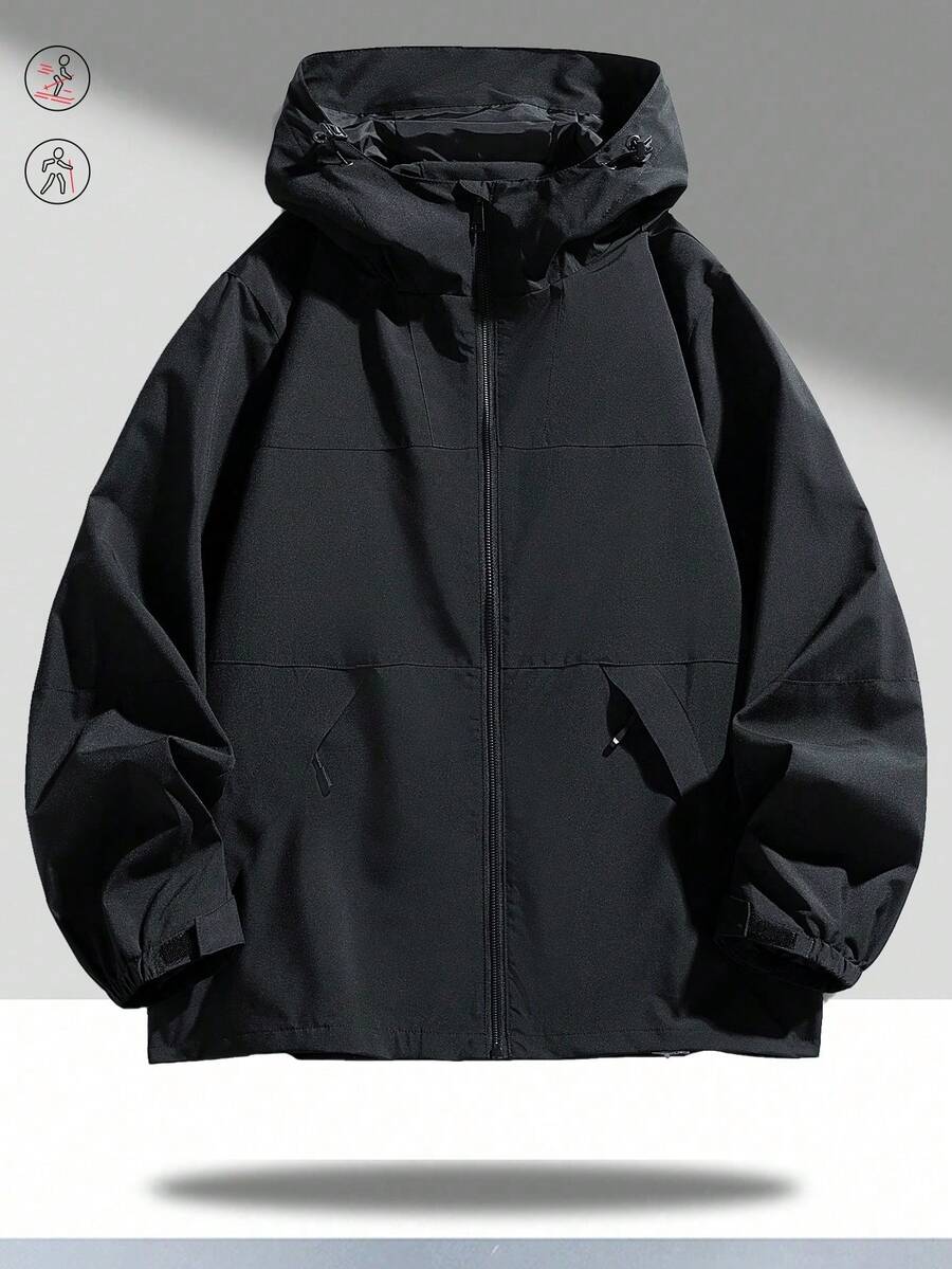 男士长袖休闲连帽夹克，宽松百搭风衣，春秋季拉链设计实用夹克，适合日常穿着、聚会、徒步旅行、远足及各种场合。 - 黑色 - 查看 1