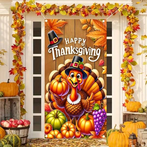35,43 x 70,86 inch duurzame polyester Thanksgiving kalkoen deurbanner - geen stroom nodig, ideaal voor buitenfeesten en tuindecoratie