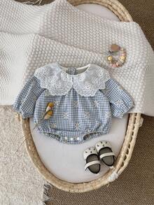 Baby Girl Cute Ditsy Floral Ruffle Collar Bodysuit, Spring/Autumn - Blue - View 4