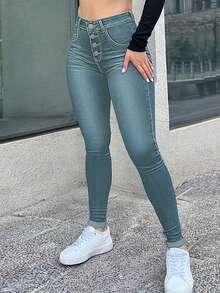 Women's Stretch Skinny Jeans Pants With Multi-Breasted Design, Built-In Zipper And Button, Suitable For Casual Sportswear, Sexy And Casual. - Màu xanh hải quân - Xem 2