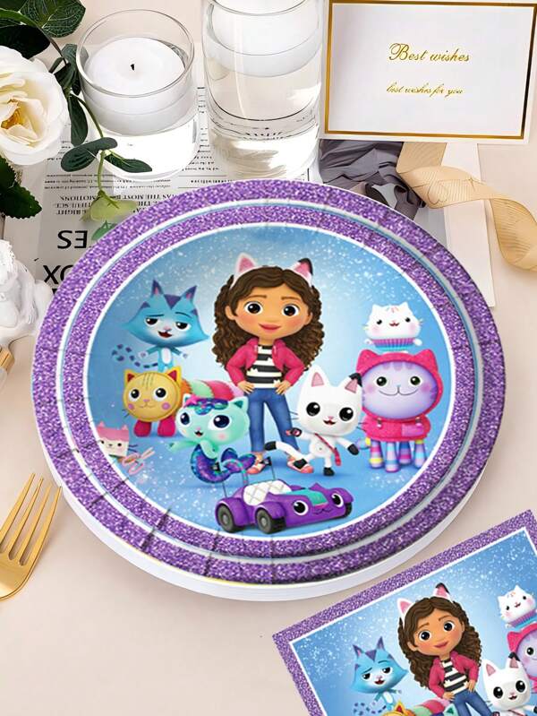 Gabby's Dollhouse 81-elementowy zestaw jednorazowej, dekoracyjnej zastawy stołowej w stylu fioletowym, w stylu domku dla lalek Gabby, w tym 10 szt. papierowych talerzyków, kubków, noży, widelców i łyżek o średnicy 7 i 9 cali, 20 szt. chusteczek higienicznych i obrusów, odpowiedni dla 10 osób na przyjęcia i spotkania. To niezbędna dekoracyjna zastawa stołowa na przyjęcia urodzinowe w stylu lalki Gabby, niezbędna dla fanów Gabby i dzieci na spotkaniach rodzinnych, Halloween, Boże Narodzenie i Święto Dziękczynienia.