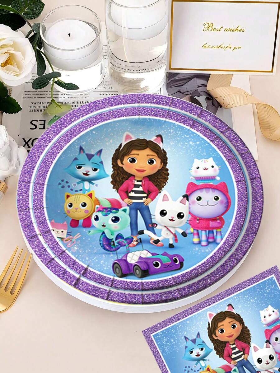 Gabby's Dollhouse 81-elementowy zestaw jednorazowej, dekoracyjnej zastawy stołowej w stylu fioletowym, w stylu domku dla lalek Gabby, w tym 10 szt. papierowych talerzyków, kubków, noży, widelców i łyżek o średnicy 7 i 9 cali, 20 szt. chusteczek higienicznych i obrusów, odpowiedni dla 10 osób na przyjęcia i spotkania. To niezbędna dekoracyjna zastawa stołowa na przyjęcia urodzinowe w stylu lalki Gabby, niezbędna dla fanów Gabby i dzieci na spotkaniach rodzinnych, Halloween, Boże Narodzenie i Święto Dziękczynienia.