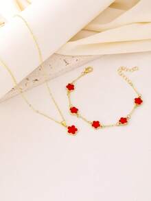 1 套时尚精致的幸运四叶草首饰套装，项链、手链和吊坠，不锈钢，送给女孩和朋友的理想礼物，适合任何场合，情人节、圣诞节 - 花朵手鍊和吊墜項鍊套裝 - 查看 8