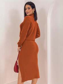 Women's Mousse Midi Set With High Neck And Side Slit - 銅色 - 查看 2