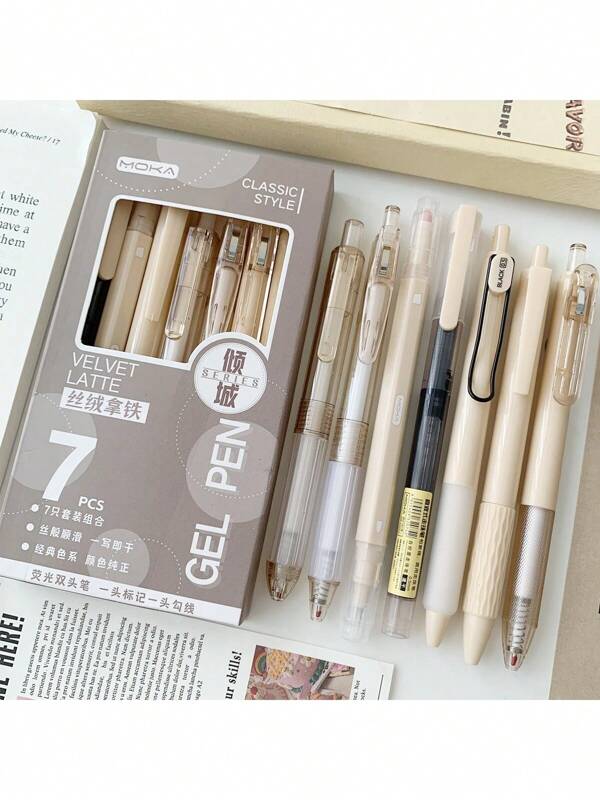 7/6pcs/Set Retractable Ballpoint Pen Combo Set, Assorted Colors, Quick-Drying Ink, Suitable For Students, Black