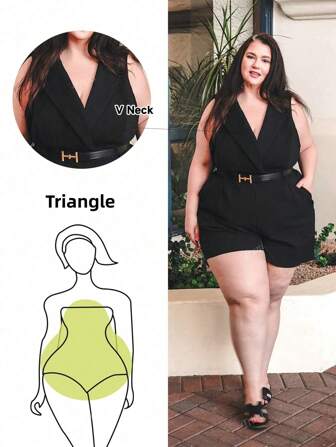 Truni Plus Size Women Elegant Modest Casual V-Neck Sleeveless Wide Leg Jumpsuit, Pocket Design, Suitable For Commuting, All Seasons, Back To School