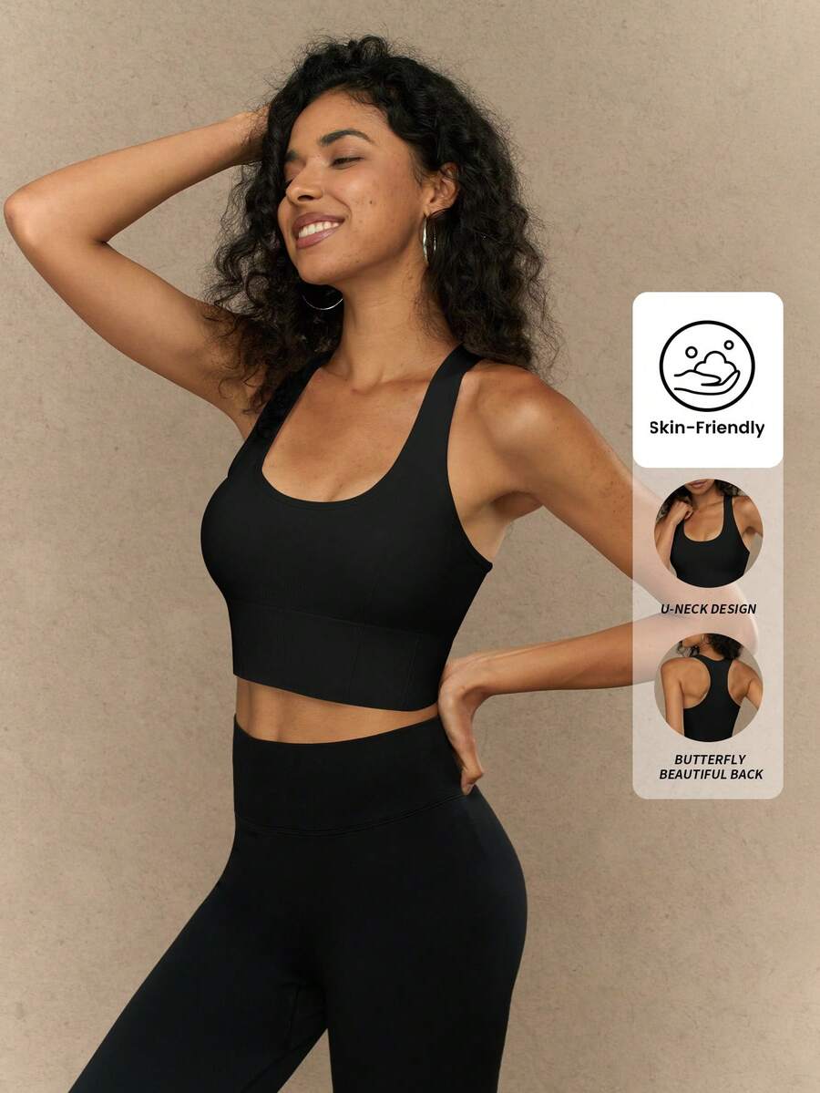 Yefecy 无缝运动文胸健身上衣高强度内衣跑步训练瑜伽文胸减震罗纹健身瑜伽短款背心 - 黑色 - 查看 1