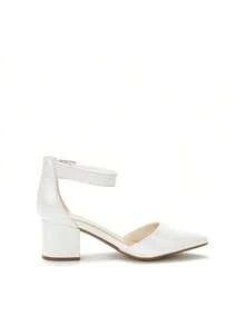 Women's Chunky Closed Toe Low Block Heels Dress Pointed Toe Ankle Strap Wedding Pump Shoes - 白色 - 查看 4