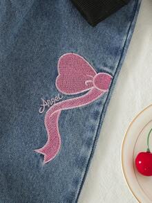 2 件套年轻女孩运动衫套装，黑色长袖圆领运动衫，蝴蝶结印花，水钻刺绣直筒牛仔裤，2025 年秋季新品 - 黑色 - 查看 5