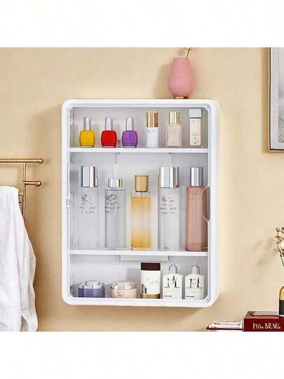 Organizador de maquillaje montado en la pared, gabinete de almacenamiento de cosméticos a prueba de agua para el baño, soporte de tocador para el dormitorio, estantes colgantes de pared de plástico a prueba de polvo, accesorios de baño, decoración de habitación